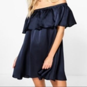Navy Satin Off The Shoulder Dress